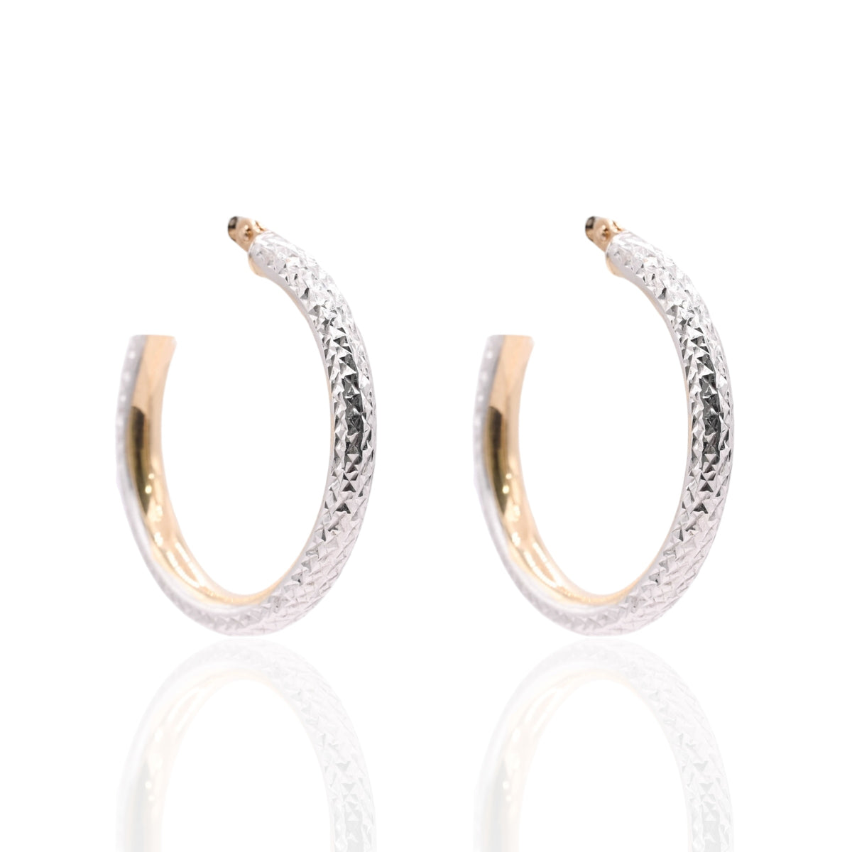 Lightweight Diamond Cut Two Tone Hoop Earrings 14K Yellow Gold and 14K White Gold with Hinge 2.89mm Thick/24.94mm Diameter