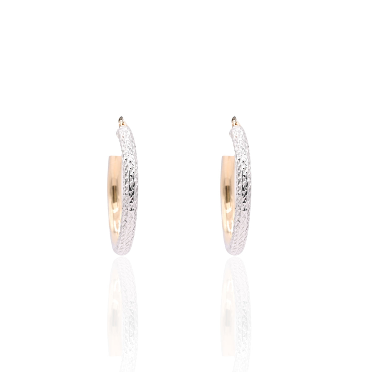 Lightweight Diamond Cut Two Tone Hoop Earrings 14K Yellow Gold and 14K White Gold with Hinge 2.89mm Thick/24.94mm Diameter