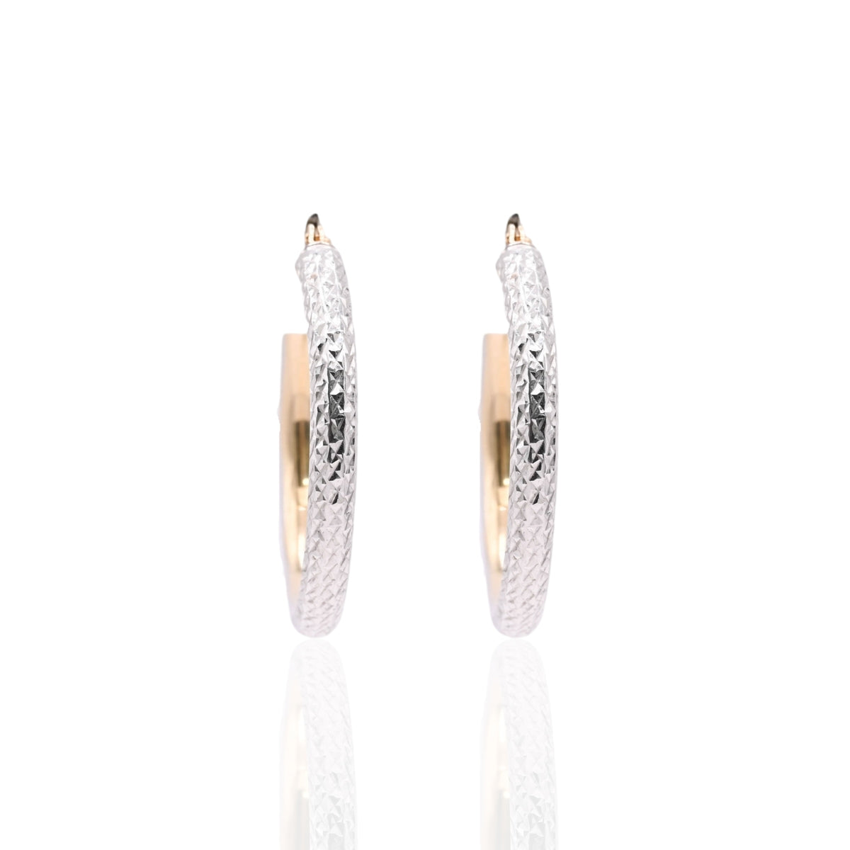 Lightweight Diamond Cut Two Tone Hoop Earrings 14K Yellow Gold and 14K White Gold with Hinge 2.89mm Thick/24.94mm Diameter