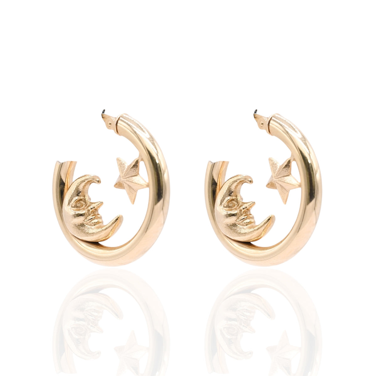 Lightweight Moon and Star Hoop Earrings 14K Yellow Gold with Hinge 3.10mm Thick/21.88 Diameter