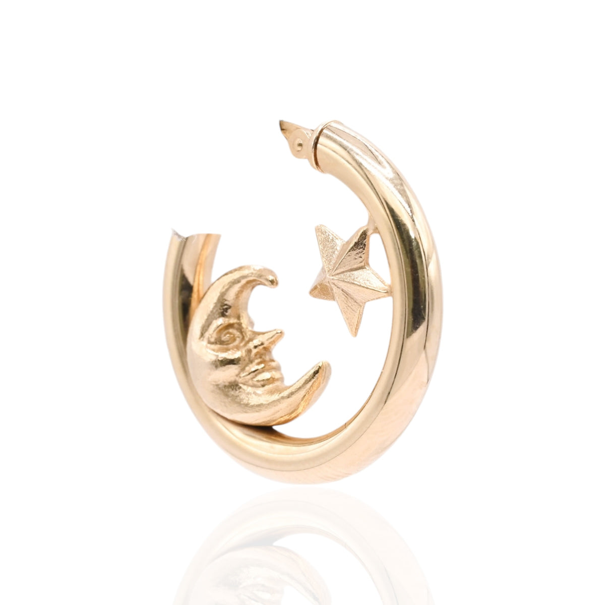Lightweight Moon and Star Hoop Earrings 14K Yellow Gold with Hinge 3.10mm Thick/21.88 Diameter
