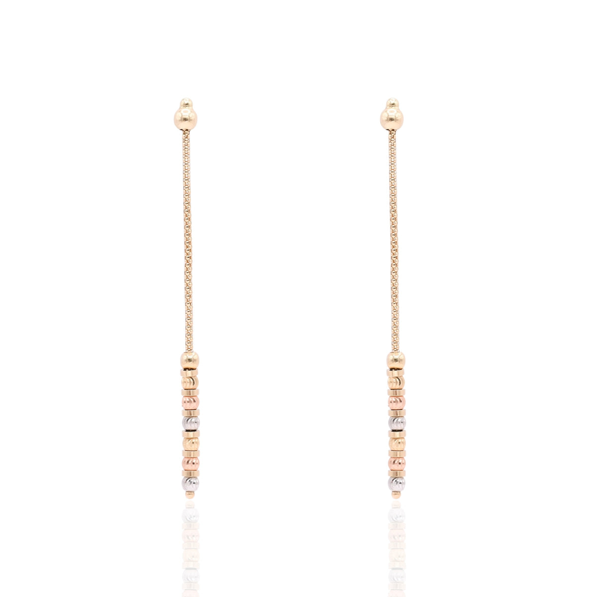 Tricolor Diamond Cut Beaded Dangle Earrings 14K Yellow Gold, 14K White Gold, and 14K Rose Gold