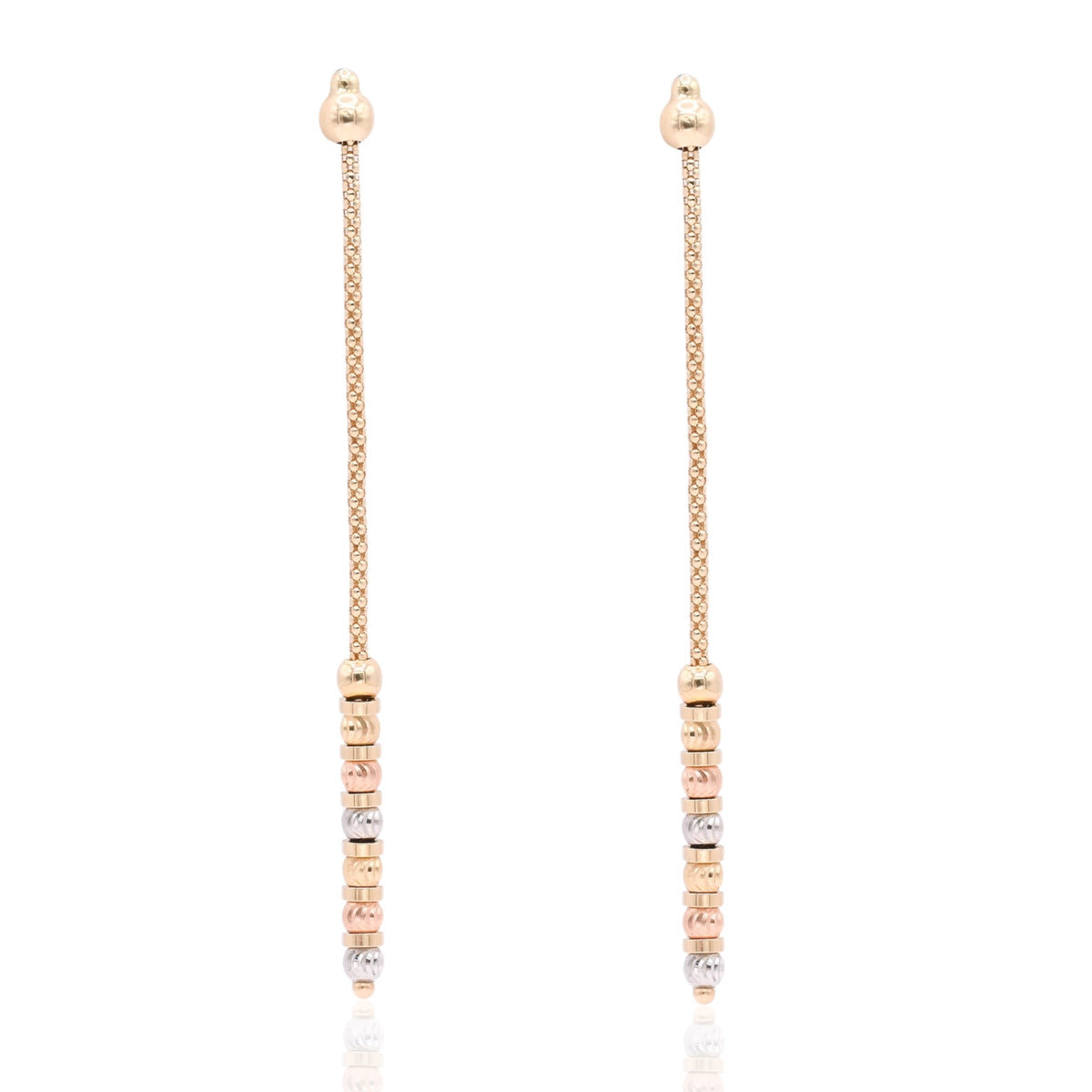 Tricolor Diamond Cut Beaded Dangle Earrings 14K Yellow Gold, 14K White Gold, and 14K Rose Gold
