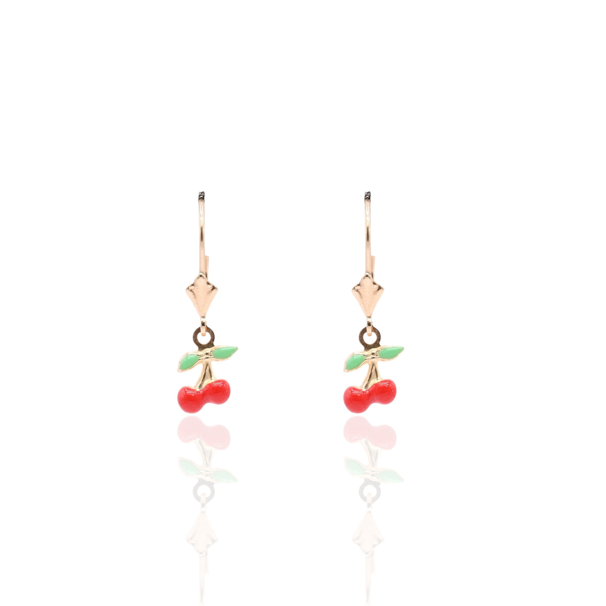 Enamel Cherry Dangle Earrings 14K Yellow Gold with Leverback
