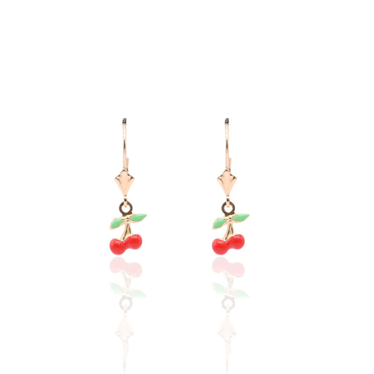 Enamel Cherry Dangle Earrings 14K Yellow Gold with Leverback