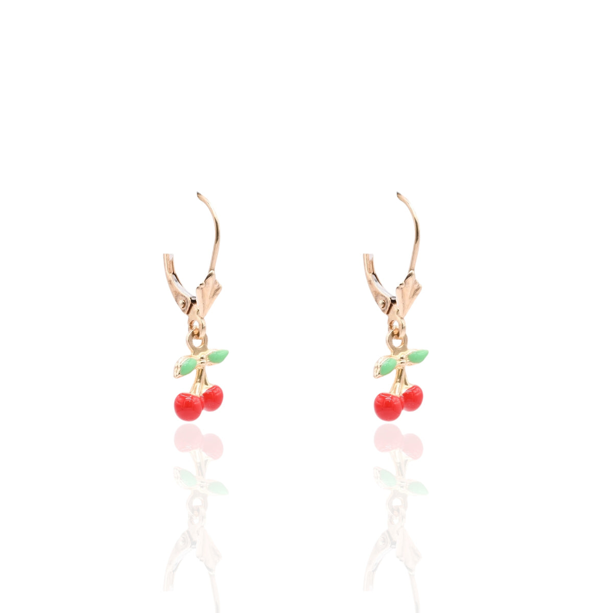 Enamel Cherry Dangle Earrings 14K Yellow Gold with Leverback