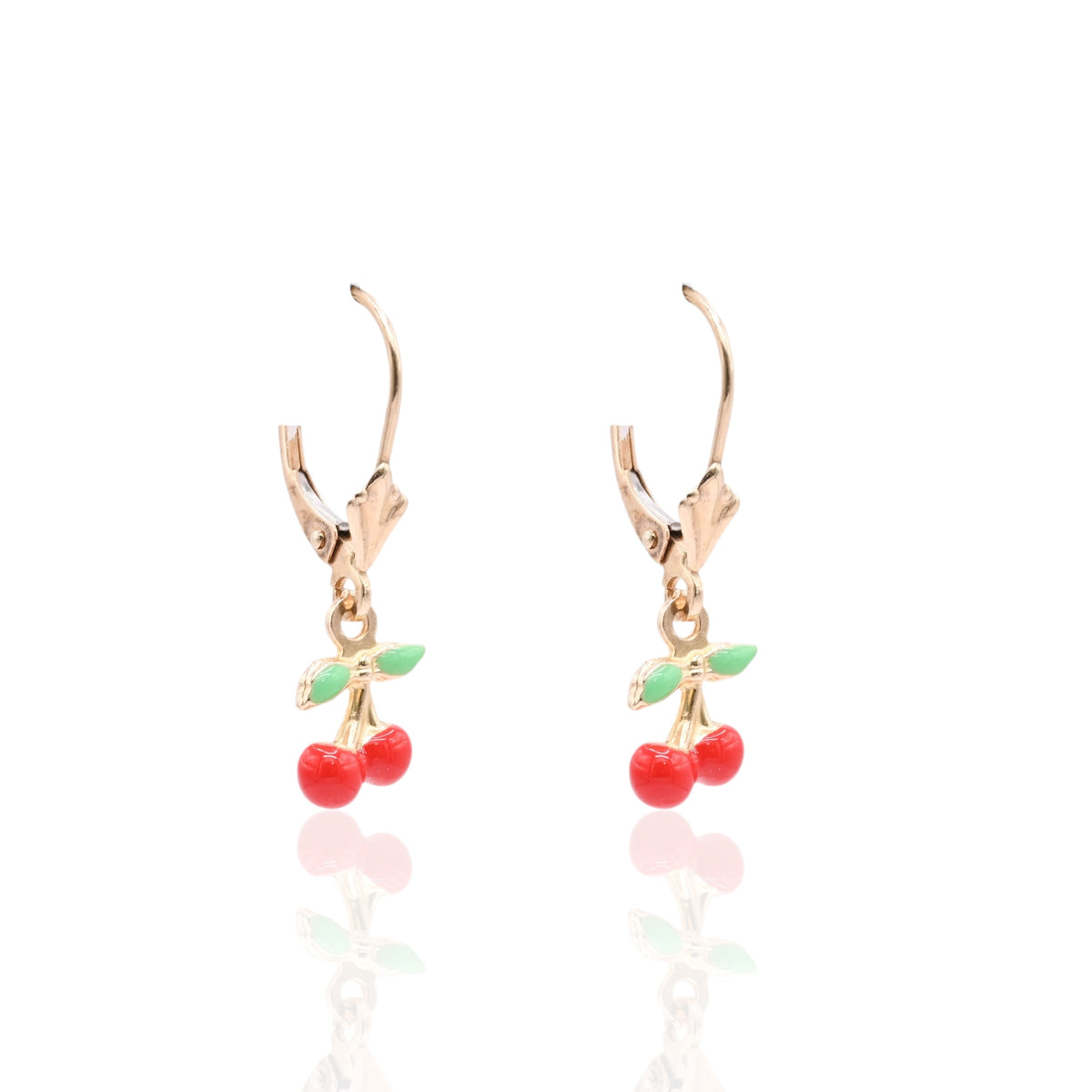 Enamel Cherry Dangle Earrings 14K Yellow Gold with Leverback