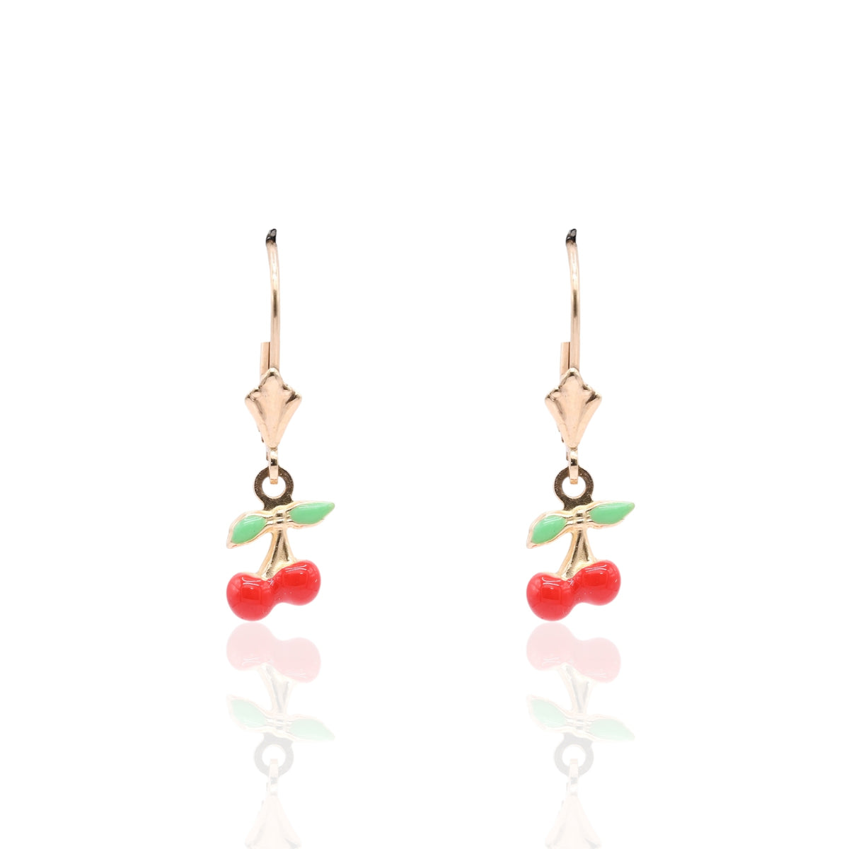 Enamel Cherry Dangle Earrings 14K Yellow Gold with Leverback