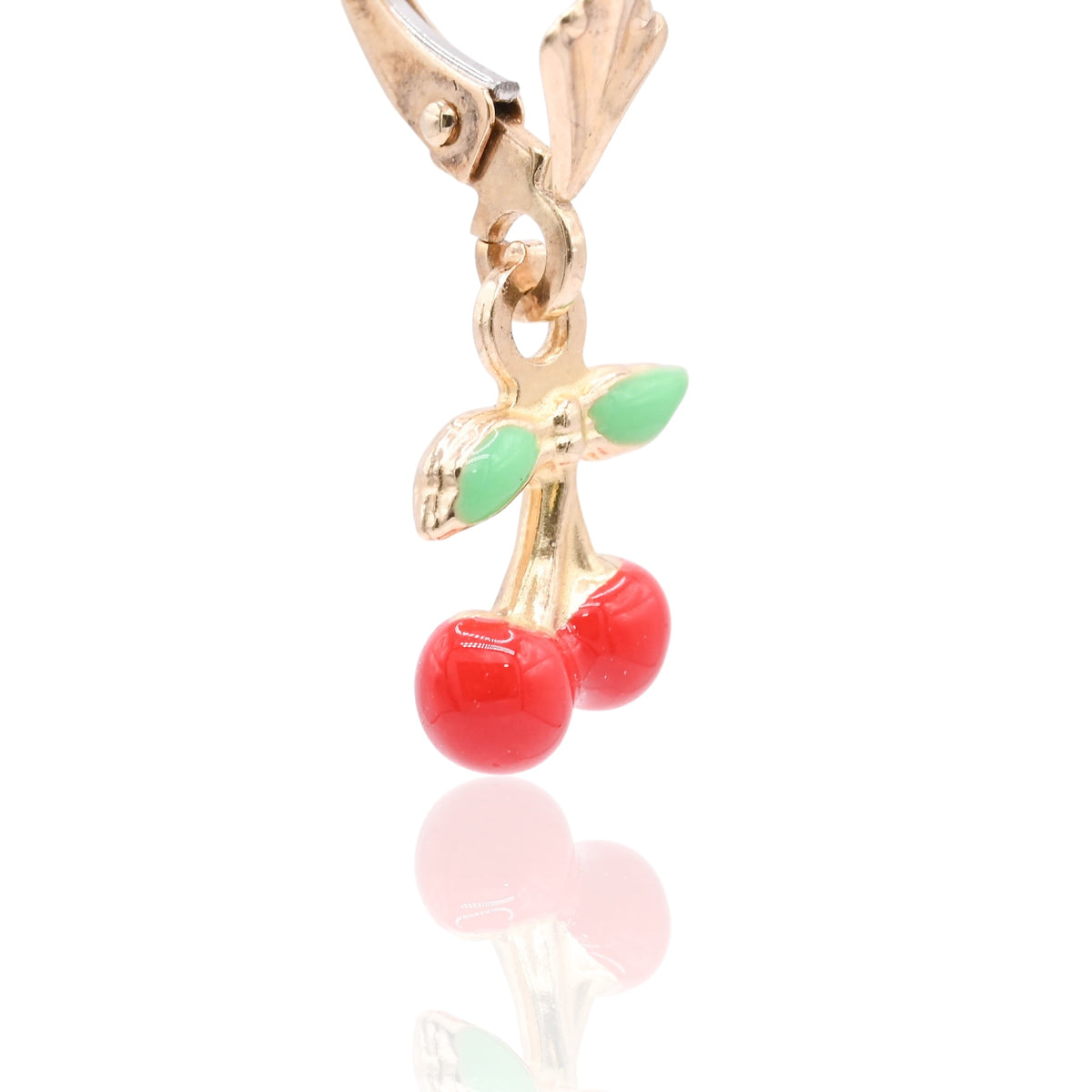 Enamel Cherry Dangle Earrings 14K Yellow Gold with Leverback