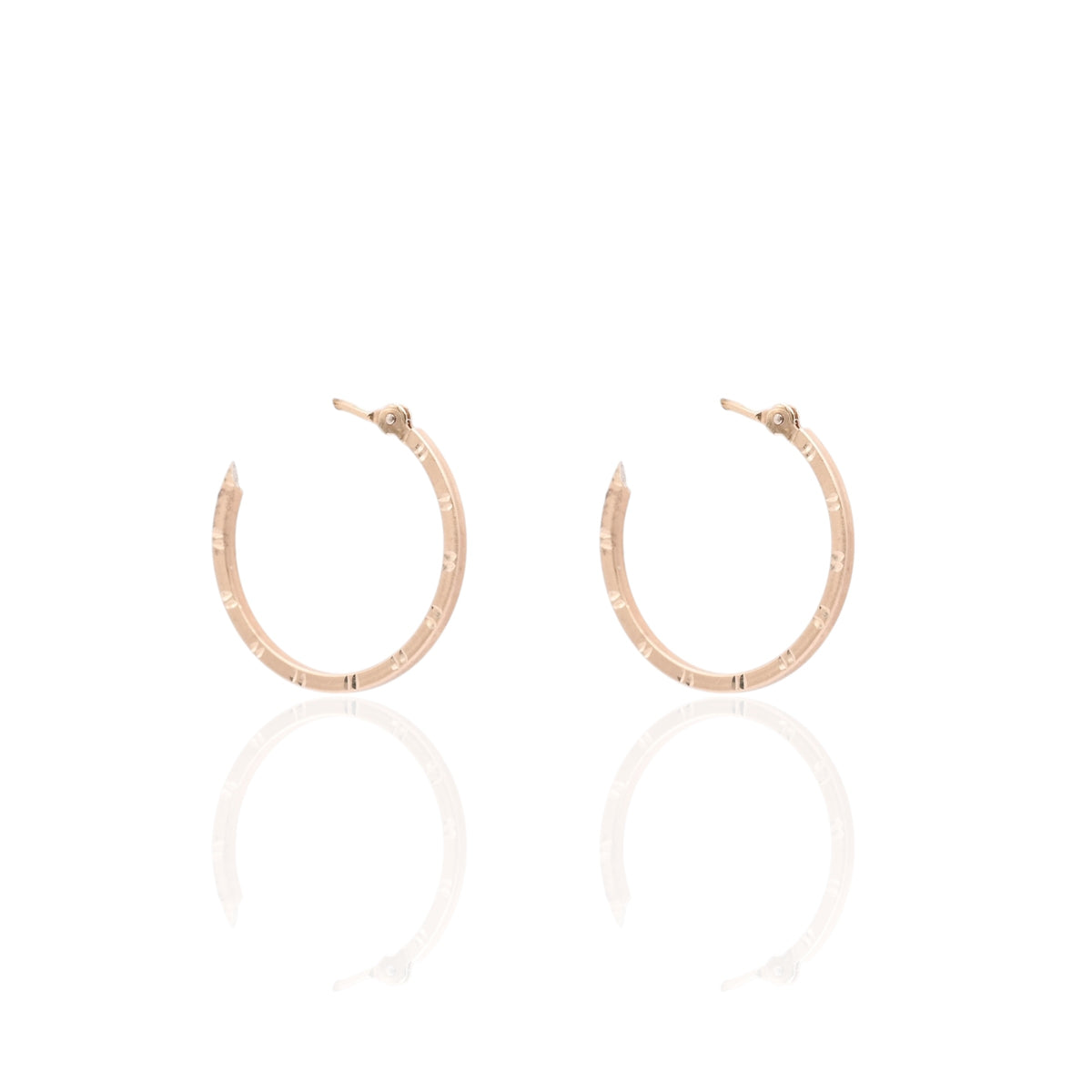 Lightweight Medium Flat Diamond Cut Hoop Earrings 14K Rose Gold with Hinge 1.33mm Thick/19.82mm Diameter