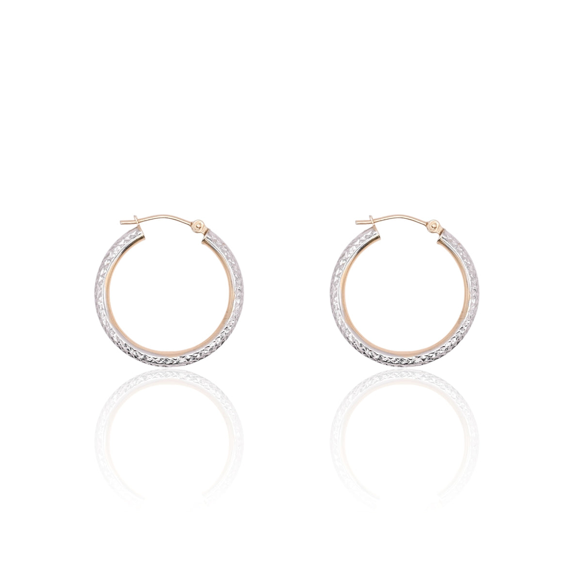 Lightweight Diamond Cut Two Tone Hoop Earrings 14K Yellow Gold and 14K White Gold with Hinge 2.89mm Thick/24.94mm Diameter
