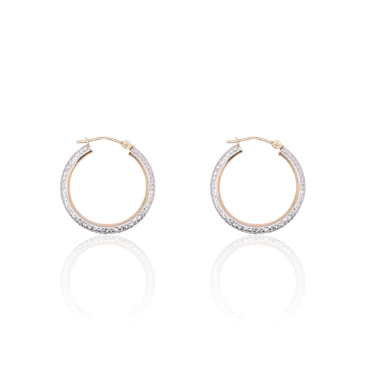 Lightweight Diamond Cut Two Tone Hoop Earrings 14K Yellow Gold and 14K White Gold with Hinge 2.89mm Thick/24.94mm Diameter
