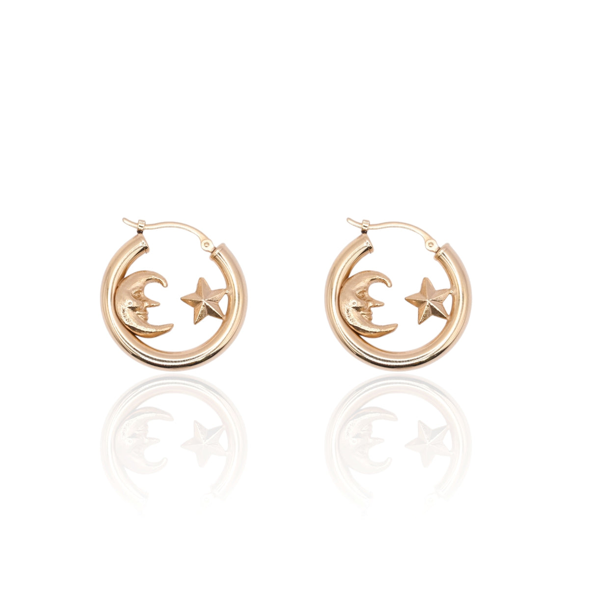 Lightweight Moon and Star Hoop Earrings 14K Yellow Gold with Hinge 3.10mm Thick/21.88 Diameter