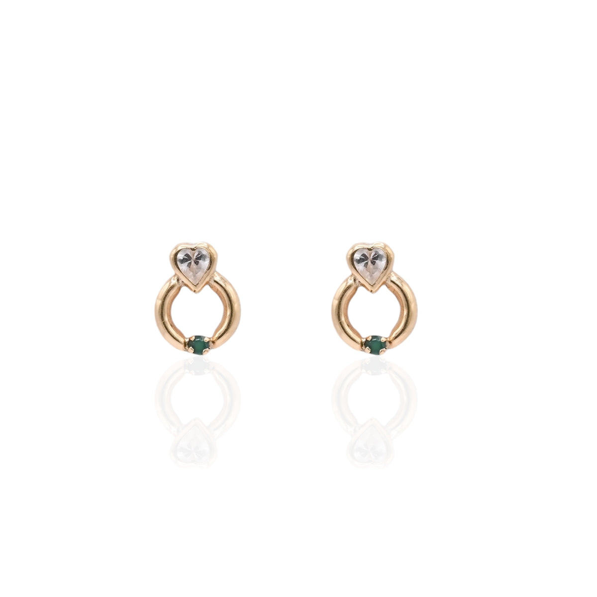 Lightweight Bezel Heart Knocker Stud Earrings 14K Yellow Gold with Cubic Zirconias and 0.08cttw Emeralds