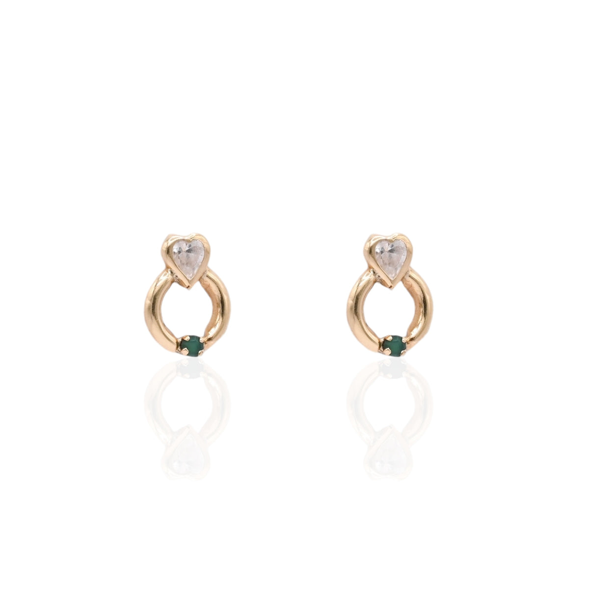 Lightweight Bezel Heart Knocker Stud Earrings 14K Yellow Gold with Cubic Zirconias and 0.08cttw Emeralds