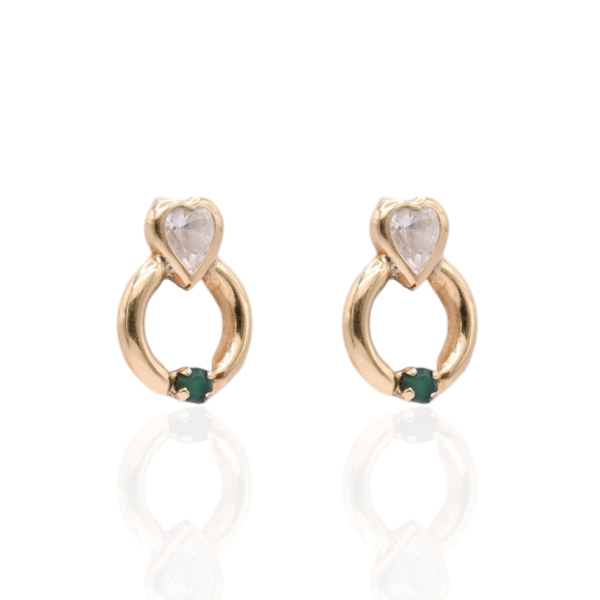 Lightweight Bezel Heart Knocker Stud Earrings 14K Yellow Gold with Cubic Zirconias and 0.08cttw Emeralds