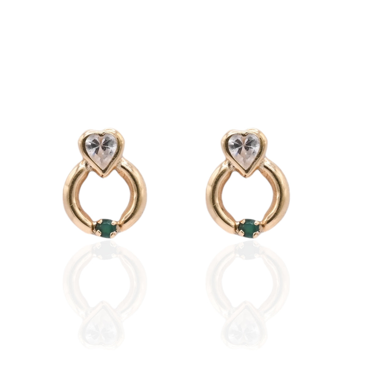 Lightweight Bezel Heart Knocker Stud Earrings 14K Yellow Gold with Cubic Zirconias and 0.08cttw Emeralds