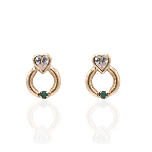 Lightweight Bezel Heart Knocker Stud Earrings 14K Yellow Gold with Cubic Zirconias and 0.08cttw Emeralds