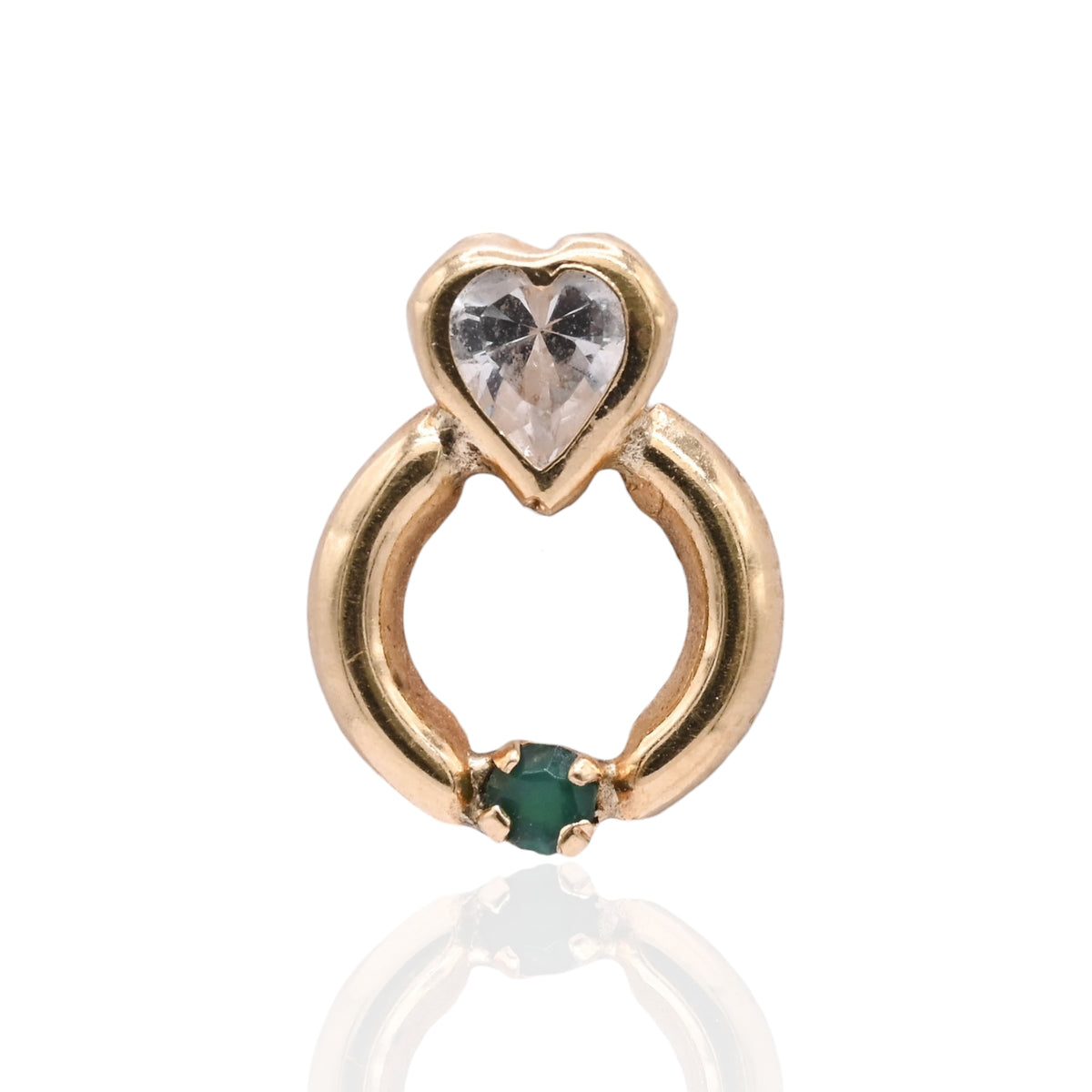 Lightweight Bezel Heart Knocker Stud Earrings 14K Yellow Gold with Cubic Zirconias and 0.08cttw Emeralds