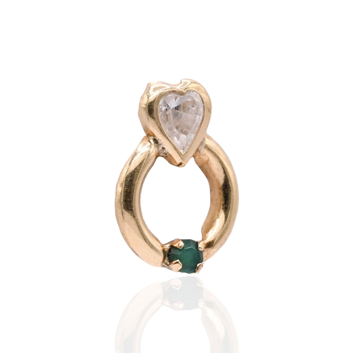 Lightweight Bezel Heart Knocker Stud Earrings 14K Yellow Gold with Cubic Zirconias and 0.08cttw Emeralds