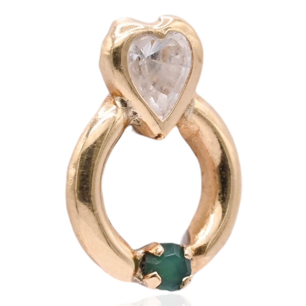 Lightweight Bezel Heart Knocker Stud Earrings 14K Yellow Gold with Cubic Zirconias and 0.08cttw Emeralds