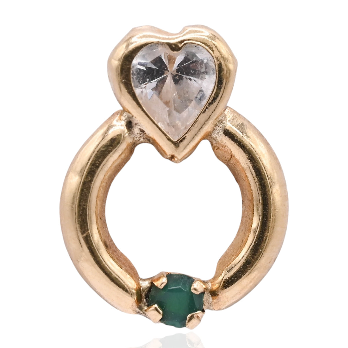 Lightweight Bezel Heart Knocker Stud Earrings 14K Yellow Gold with Cubic Zirconias and 0.08cttw Emeralds
