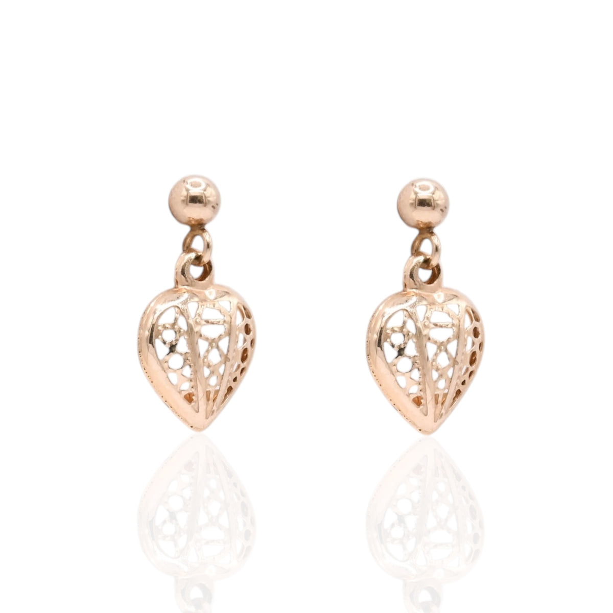 Lightweight Lacy Heart Dangle Earrings 14K Yellow Gold