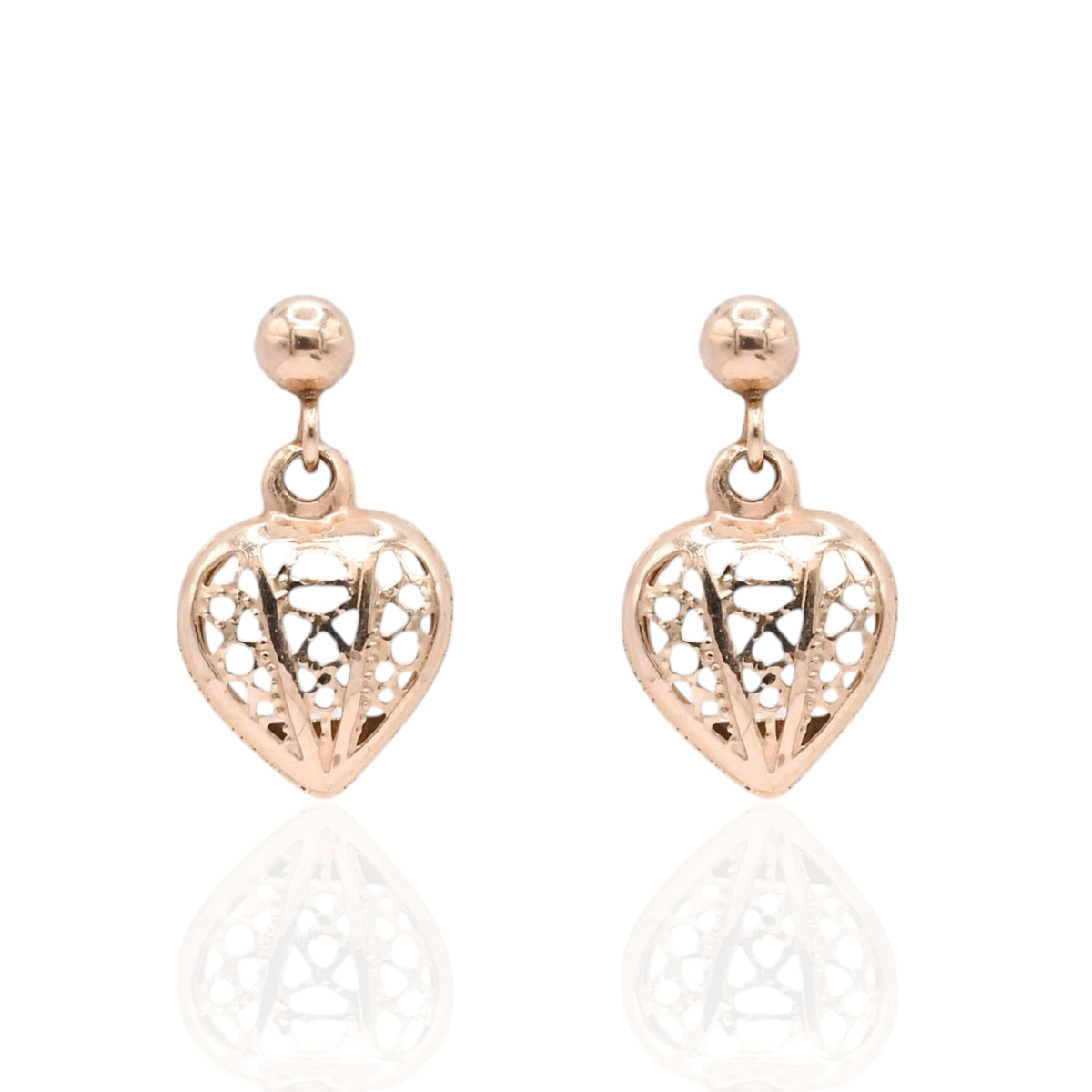 Lightweight Lacy Heart Dangle Earrings 14K Yellow Gold