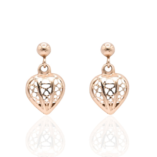 Lightweight Lacy Heart Dangle Earrings 14K Yellow Gold