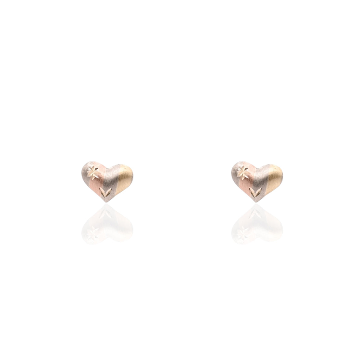 Lightweight Puffed Tricolor Diamond Cut Heart Stud Earrings 14K Yellow Gold, 14K Rose Gold, and 14K White Gold