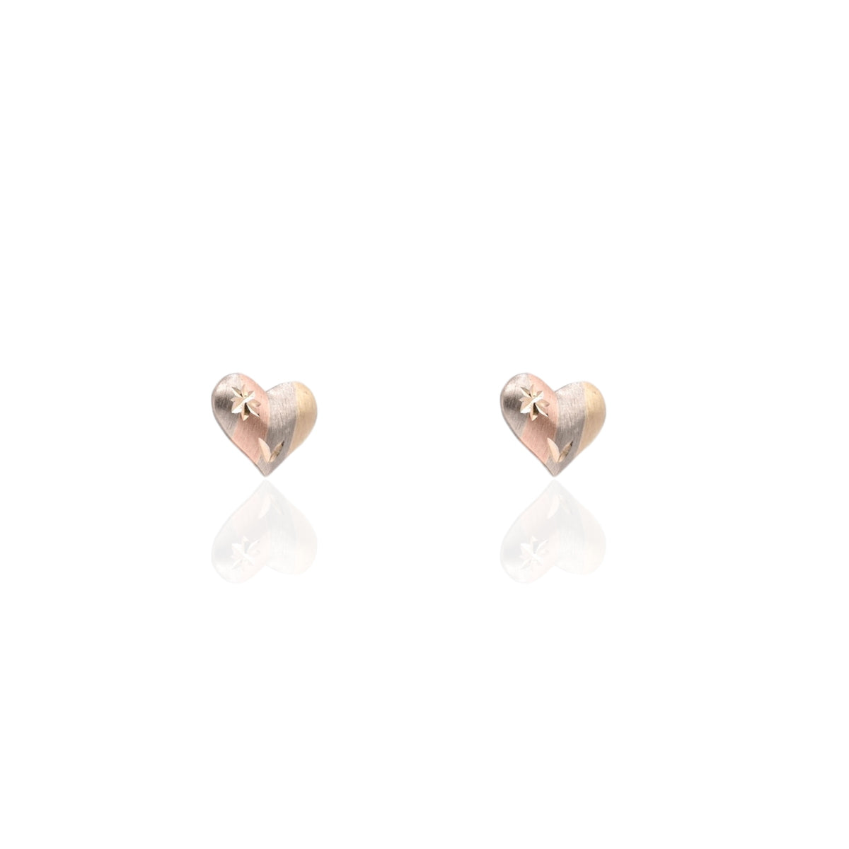 Lightweight Puffed Tricolor Diamond Cut Heart Stud Earrings 14K Yellow Gold, 14K Rose Gold, and 14K White Gold