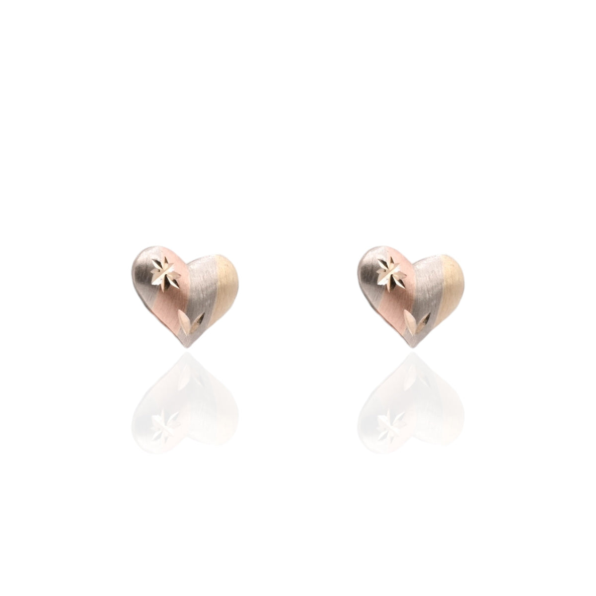 Lightweight Puffed Tricolor Diamond Cut Heart Stud Earrings 14K Yellow Gold, 14K Rose Gold, and 14K White Gold