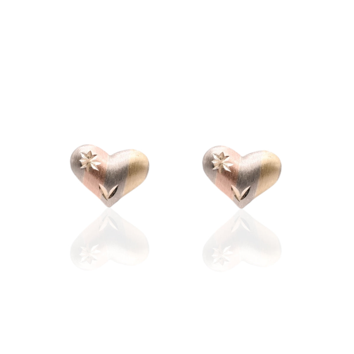 Lightweight Puffed Tricolor Diamond Cut Heart Stud Earrings 14K Yellow Gold, 14K Rose Gold, and 14K White Gold