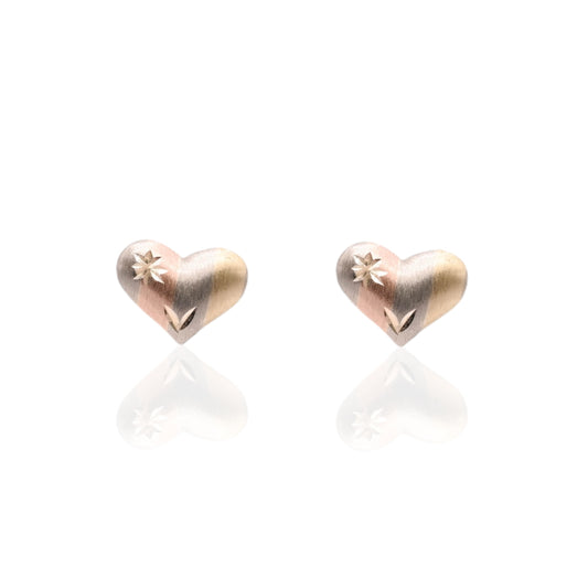 Lightweight Puffed Tricolor Diamond Cut Heart Stud Earrings 14K Yellow Gold, 14K Rose Gold, and 14K White Gold
