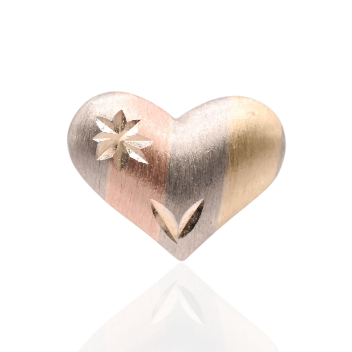 Lightweight Puffed Tricolor Diamond Cut Heart Stud Earrings 14K Yellow Gold, 14K Rose Gold, and 14K White Gold