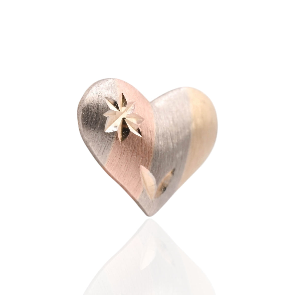 Lightweight Puffed Tricolor Diamond Cut Heart Stud Earrings 14K Yellow Gold, 14K Rose Gold, and 14K White Gold