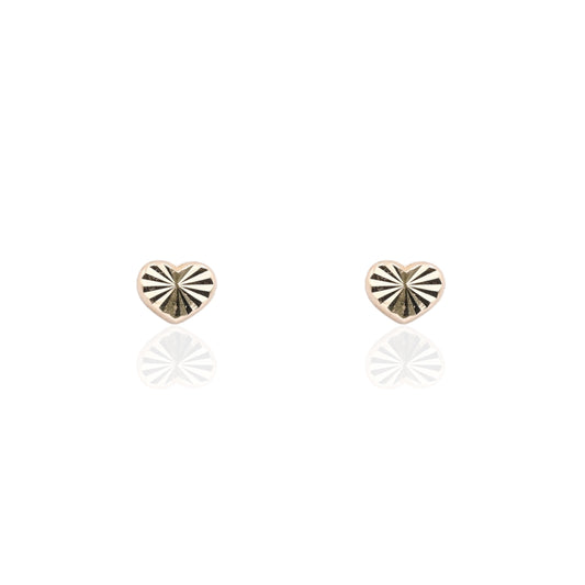 Lightweight Diamond Cut Fluted Heart Stud Earrings 14K Yellow Gold with Safety Screwbacks