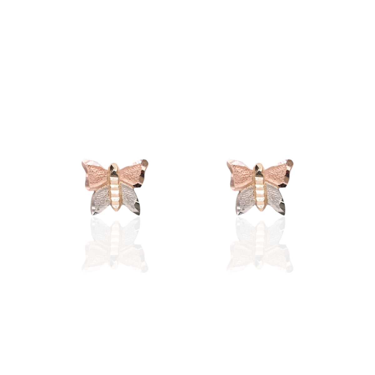 Lightweight Diamond Cut Tricolor Butterfly Stud Earrings 14K Yellow Gold, 14K Rose Gold, and 14K White Gold