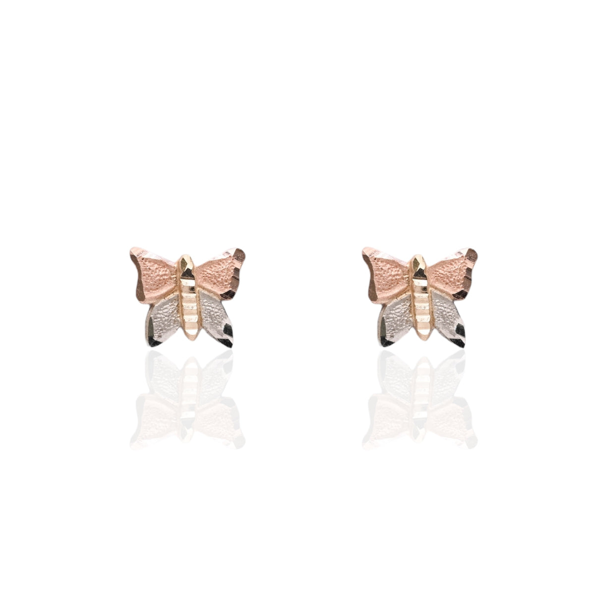 Lightweight Diamond Cut Tricolor Butterfly Stud Earrings 14K Yellow Gold, 14K Rose Gold, and 14K White Gold