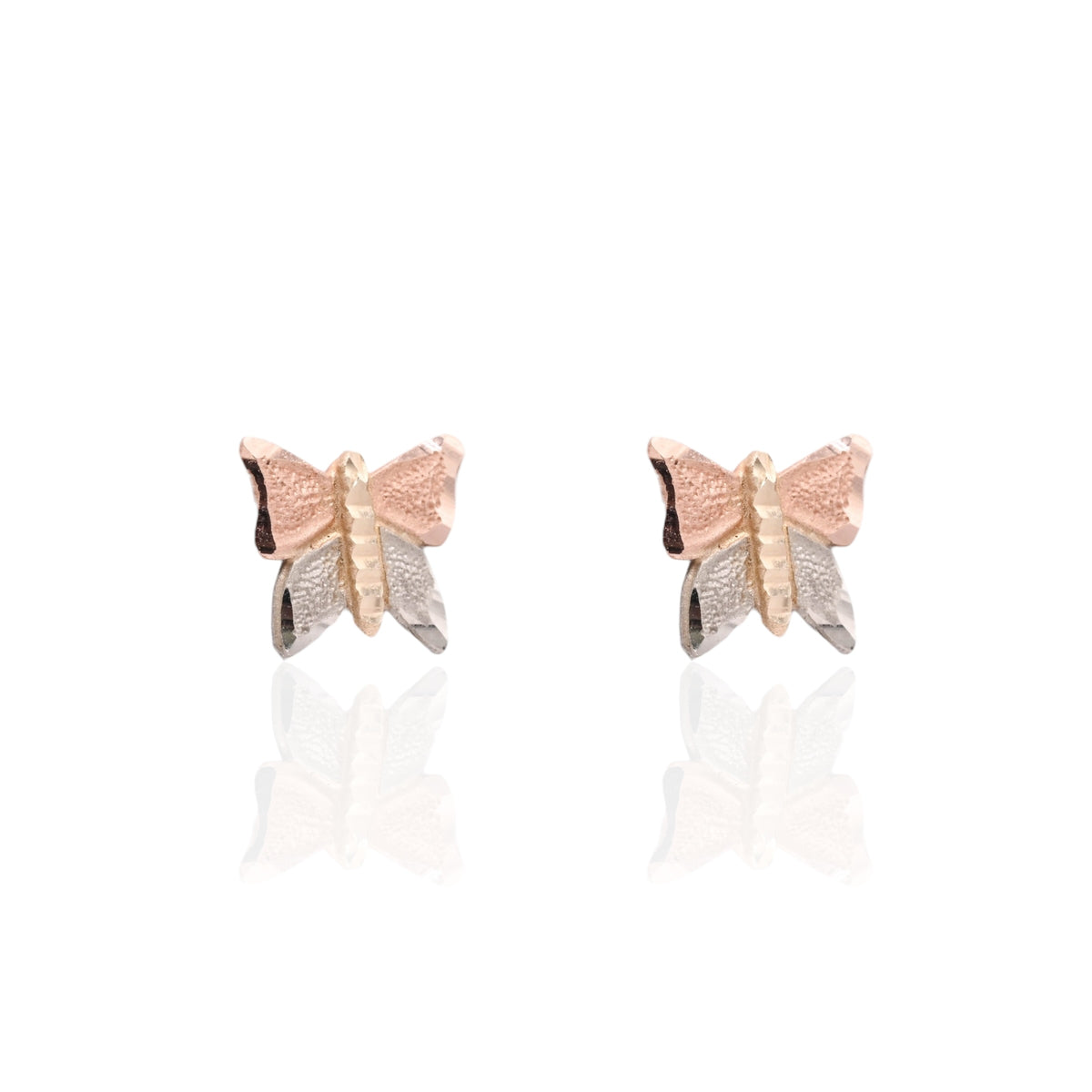 Lightweight Diamond Cut Tricolor Butterfly Stud Earrings 14K Yellow Gold, 14K Rose Gold, and 14K White Gold