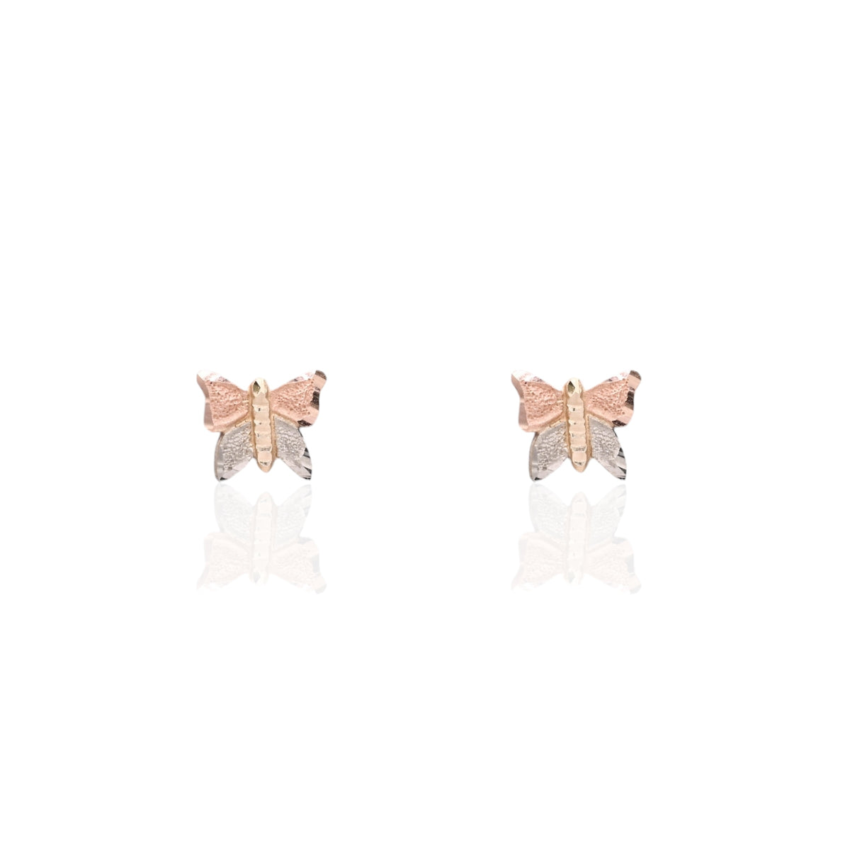 Lightweight Diamond Cut Tricolor Butterfly Stud Earrings 14K Yellow Gold, 14K Rose Gold, and 14K White Gold