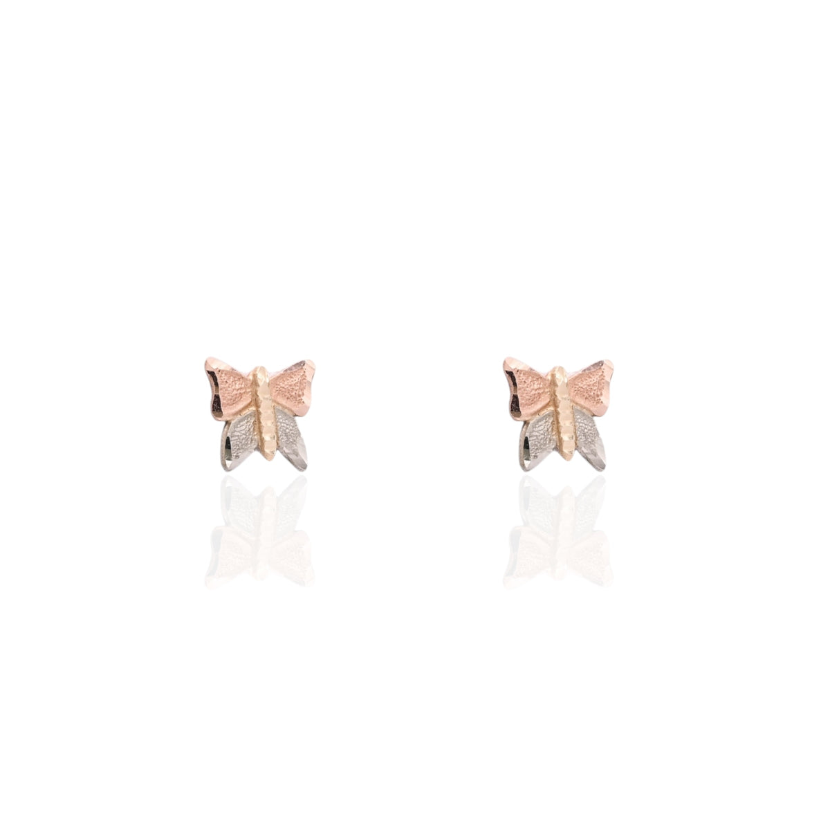 Lightweight Diamond Cut Tricolor Butterfly Stud Earrings 14K Yellow Gold, 14K Rose Gold, and 14K White Gold
