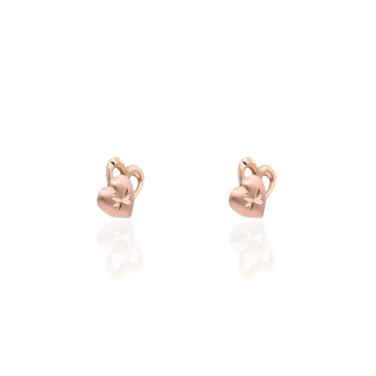 Lightweight Two Tone Dual Heart Diamond Cut Stud Earrings 14K Yellow Gold and 14K Rose Gold