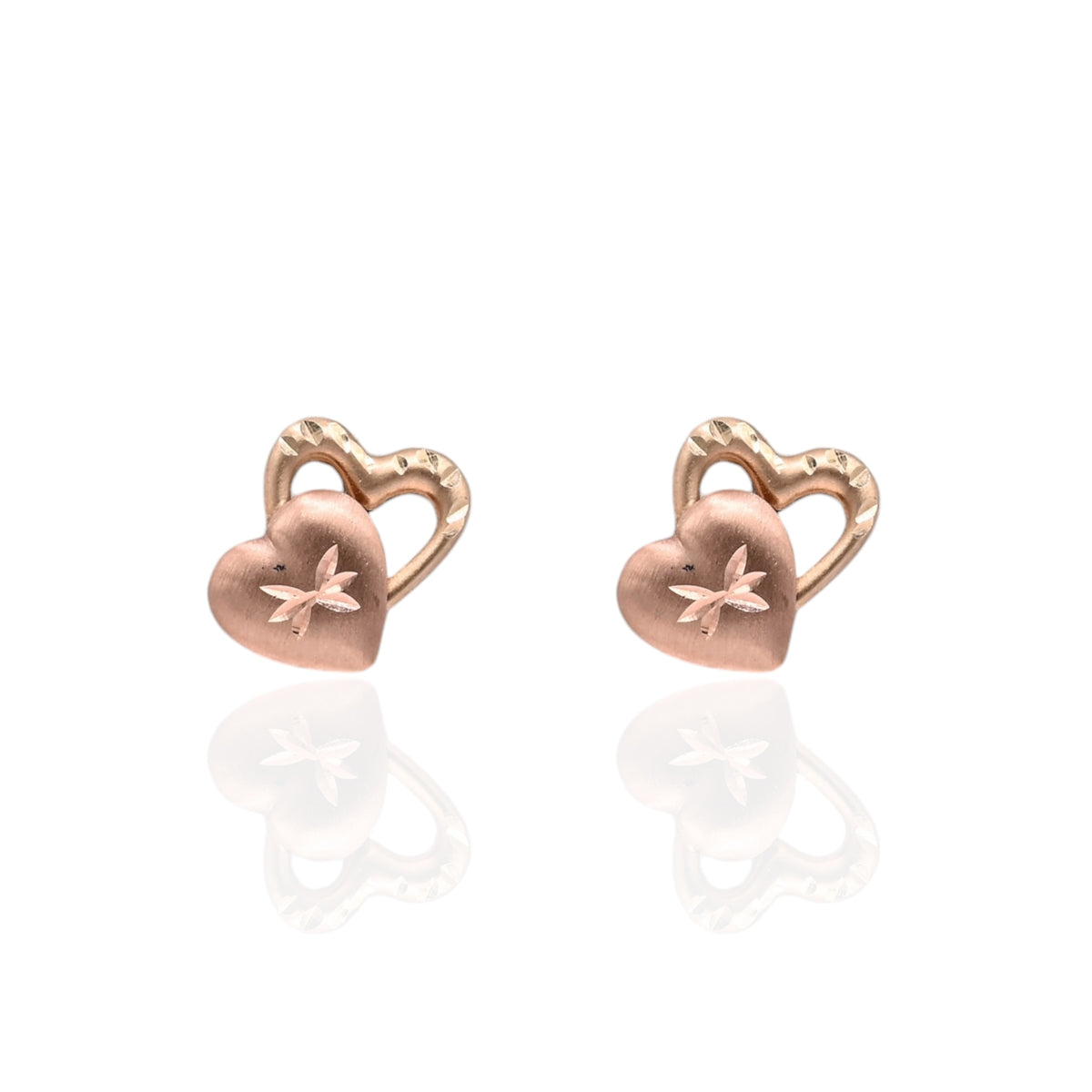 Lightweight Two Tone Dual Heart Diamond Cut Stud Earrings 14K Yellow Gold and 14K Rose Gold