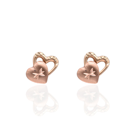 Lightweight Two Tone Dual Heart Diamond Cut Stud Earrings 14K Yellow Gold and 14K Rose Gold