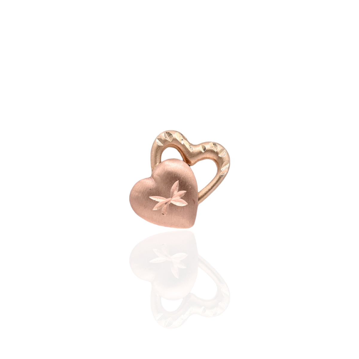 Lightweight Two Tone Dual Heart Diamond Cut Stud Earrings 14K Yellow Gold and 14K Rose Gold
