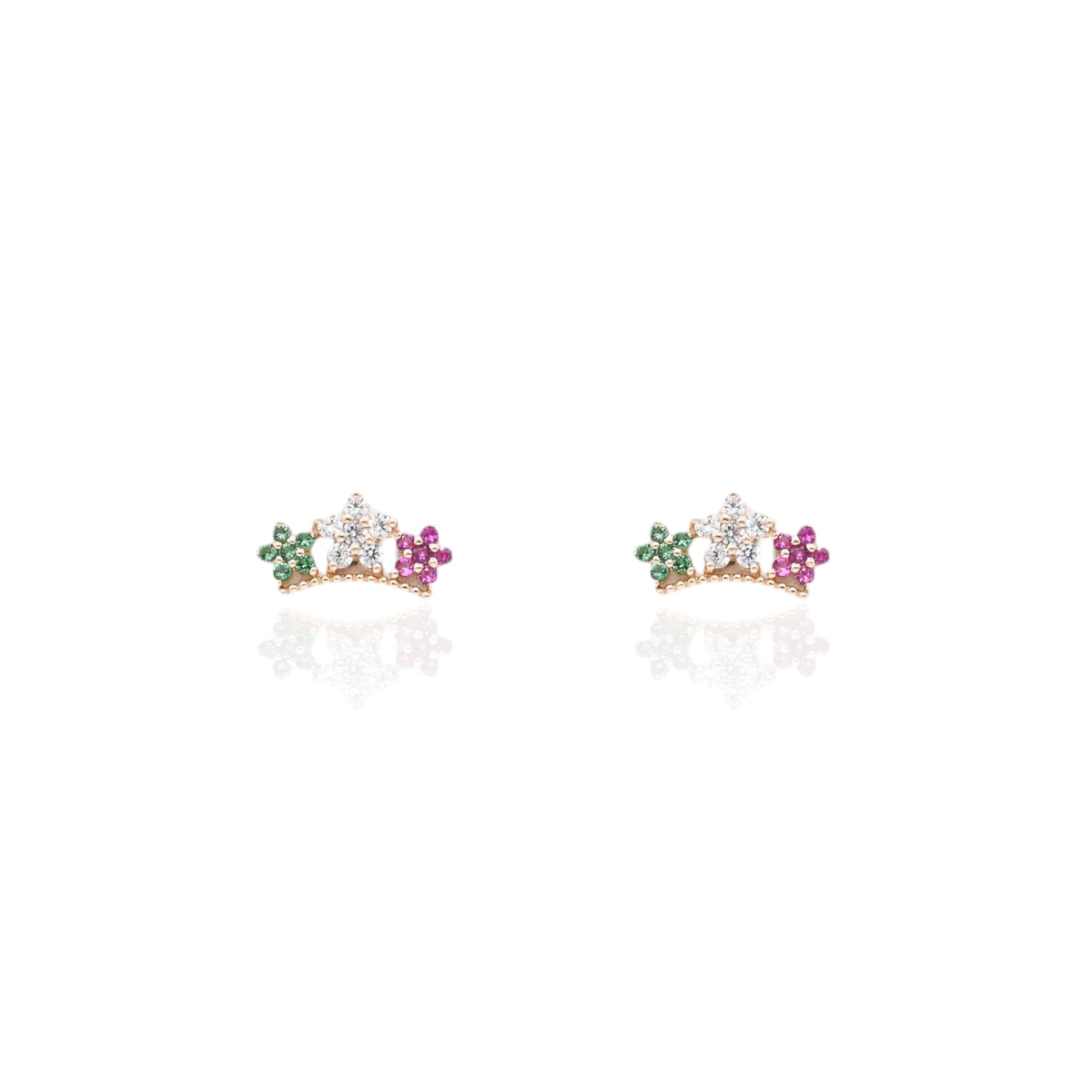 Tri-Color Cubic Zirconia Flower Curved Bar Stud Earrings 14K Yellow Gold with Safety Screwbacks