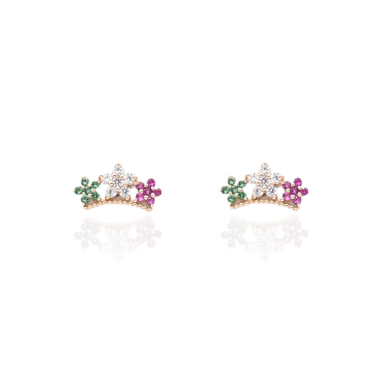 Tri-Color Cubic Zirconia Flower Curved Bar Stud Earrings 14K Yellow Gold with Safety Screwbacks