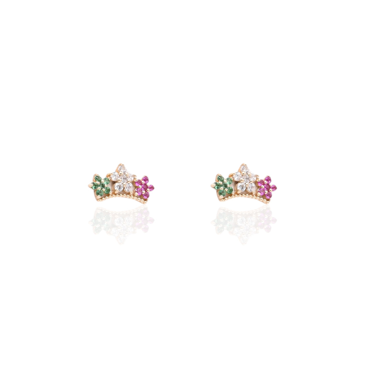 Tri-Color Cubic Zirconia Flower Curved Bar Stud Earrings 14K Yellow Gold with Safety Screwbacks
