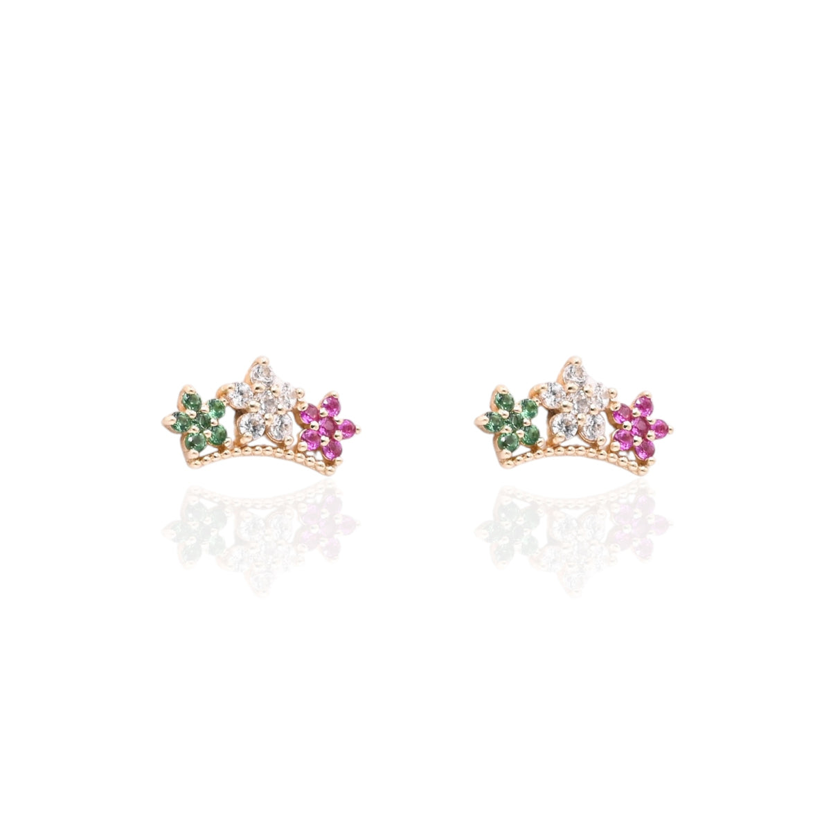 Tri-Color Cubic Zirconia Flower Curved Bar Stud Earrings 14K Yellow Gold with Safety Screwbacks